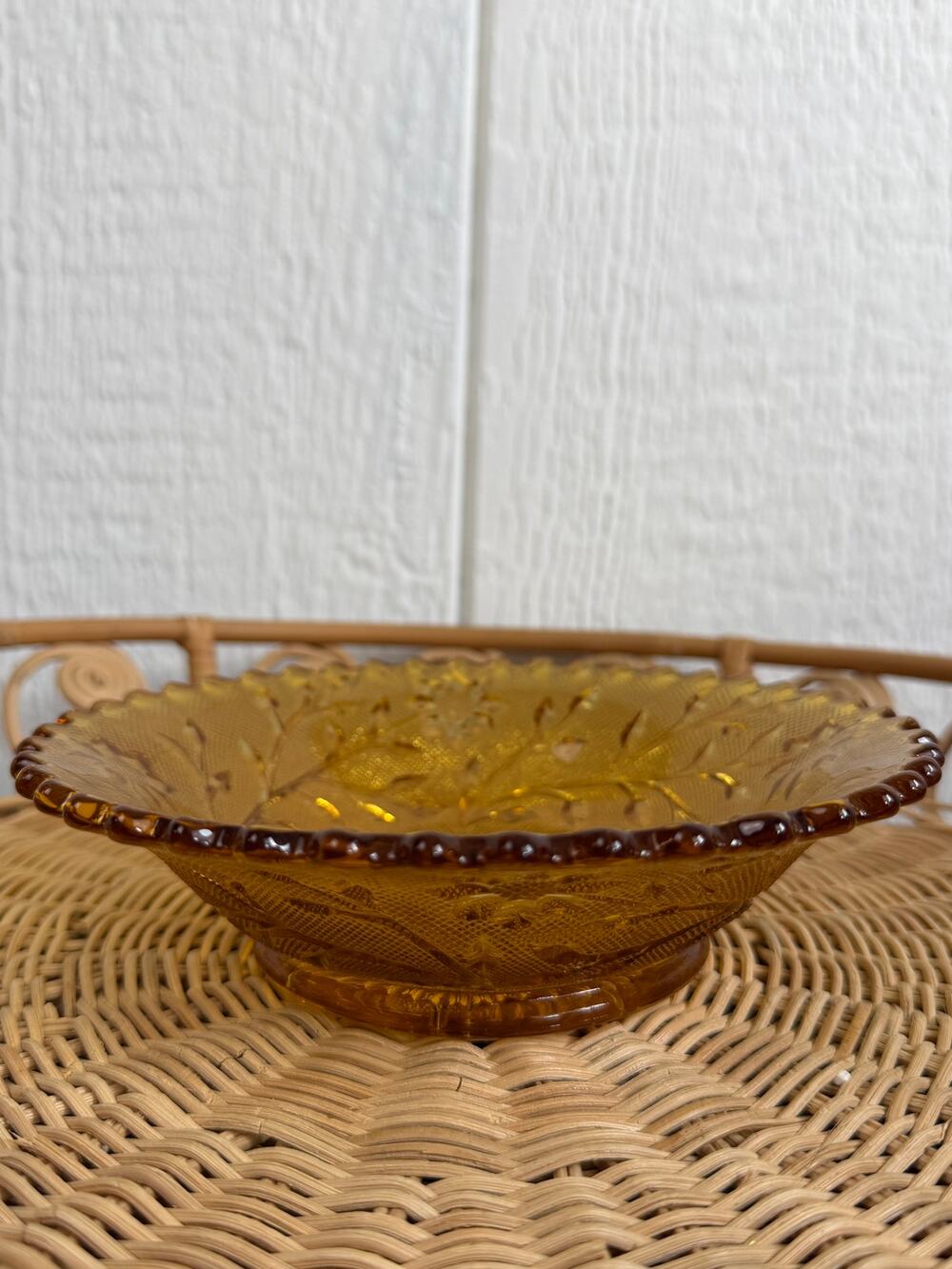 Vintage Amber Glass Footed Serving Bowl Scalloped Edge Floral Pressed Glass